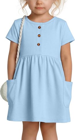 Toddler Girls Dress with Pockets Baby Short Sleeve Crew Neck Dresses Summer Button Front Cute Clothes 18 M-5 T in Kuwait