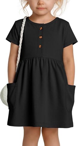 Toddler Girls Dress with Pockets Baby Short Sleeve Crew Neck Dresses Summer Button Front Cute Clothes 18 M-5 T in Kuwait