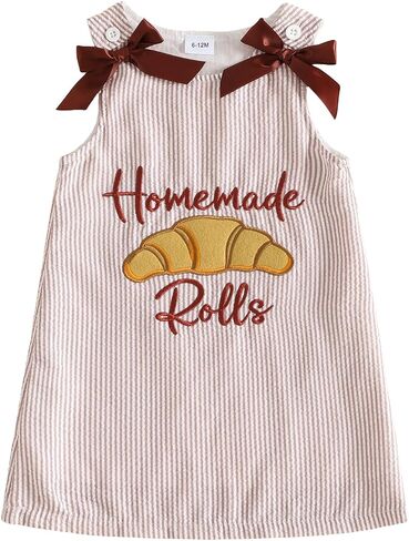 Afunbaby Toddler Baby Girl Thanksgiving Outfit Turkey Croissant Fall Dress | Little Girls Fall Clothes Sleeveless Crew Neck Bow Thanksgiving Turkey Croissant Embroidery Dresses Cute Baby Girl Clothes in Kuwait