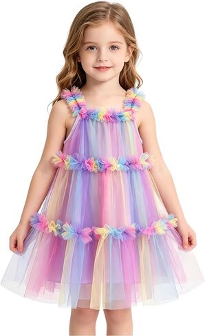 Tutu.kk Toddler Girls Rainbow Tulle Tutu Dress Colorful Mesh Layered Flare Dress Wedding Birthday Party Casual Princess Gown in Kuwait