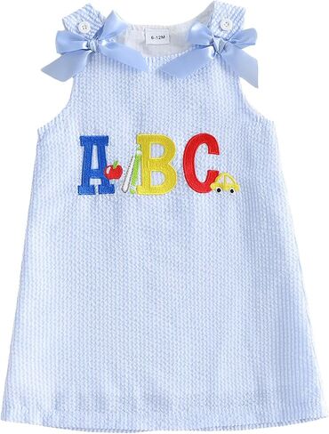 Afunbaby Toddler Baby Girl Thanksgiving Outfit Turkey Croissant Fall Dress | Little Girls Fall Clothes Sleeveless Crew Neck Bow Thanksgiving Turkey Croissant Embroidery Dresses Cute Baby Girl Clothes in Kuwait