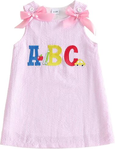 Afunbaby Toddler Baby Girl Thanksgiving Outfit Turkey Croissant Fall Dress | Little Girls Fall Clothes Sleeveless Crew Neck Bow Thanksgiving Turkey Croissant Embroidery Dresses Cute Baby Girl Clothes in Kuwait