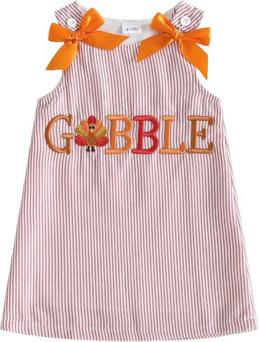 Afunbaby Toddler Baby Girl Thanksgiving Outfit Turkey Croissant Fall Dress | Little Girls Fall Clothes Sleeveless Crew Neck Bow Thanksgiving Turkey Croissant Embroidery Dresses Cute Baby Girl Clothes in Kuwait