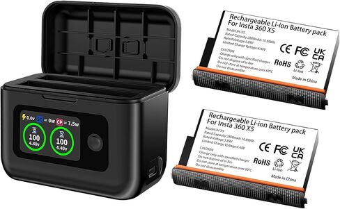 Insta 360 X5 Batteries (2 Packs) with Fast Charge Hub Dual Fast Charging Case w/LCD Display, Intelligent Charger Hub for Insta360 X5, Shows Battery SOC (Battery*2 and Charger*1) in Kuwait