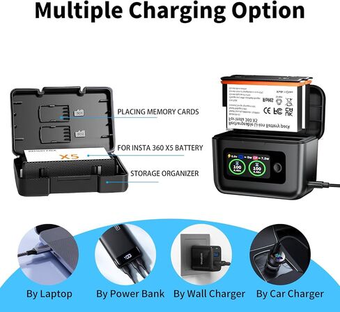 Insta 360 X5 Batteries (2 Packs) with Fast Charge Hub Dual Fast Charging Case w/LCD Display, Intelligent Charger Hub for Insta360 X5, Shows Battery SOC (Battery*2 and Charger*1) in Kuwait