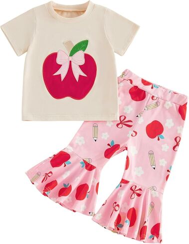 Toddler Baby Girl Back to School Outfit First Day of School Shirt T-shirt Apple/Pencil Flared Pants Pre K Outfit in Kuwait