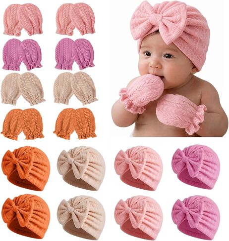 8 Sets Newborn Baby Girl Hats & Mittens, Cotton Preemie Hospital Bow Cap, No Scratch Gloves,Infant Beanies 0-3 Months in Kuwait