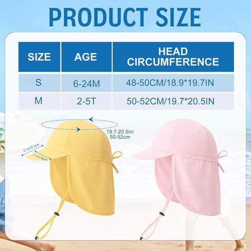 2 PCS Adjustable Baby Sun Hat with Neck Flap, Breathable Cotton Toddler Hat for Outdoor Play, Swim and Beach in Kuwait