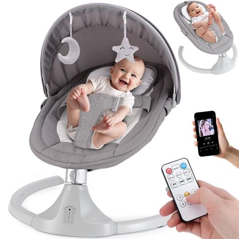 Baby Swing for Newborns 0-6 Months, Electric Infant Swing with Bluetooth & Remote Control, 5-Speed Portable Rocker with 12 Soothing Lullabies, 3-Point Widened Harness, ASTM Certified in Kuwait