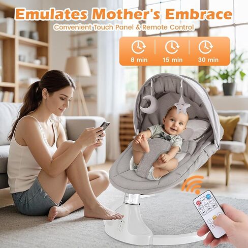 Baby Swing for Newborns 0-6 Months, Electric Infant Swing with Bluetooth & Remote Control, 5-Speed Portable Rocker with 12 Soothing Lullabies, 3-Point Widened Harness, ASTM Certified in Kuwait