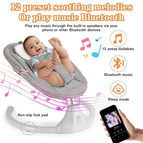 Baby Swing for Newborns 0-6 Months, Electric Infant Swing with Bluetooth & Remote Control, 5-Speed Portable Rocker with 12 Soothing Lullabies, 3-Point Widened Harness, ASTM Certified in Kuwait