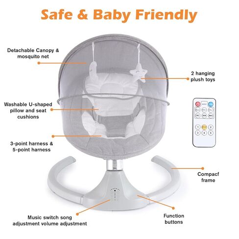 Baby Swing for Newborns 0-6 Months, Electric Infant Swing with Bluetooth & Remote Control, 5-Speed Portable Rocker with 12 Soothing Lullabies, 3-Point Widened Harness, ASTM Certified in Kuwait