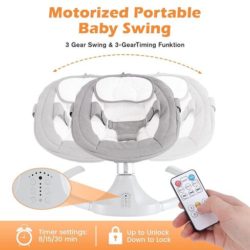 Baby Swing for Newborns 0-6 Months, Electric Infant Swing with Bluetooth & Remote Control, 5-Speed Portable Rocker with 12 Soothing Lullabies, 3-Point Widened Harness, ASTM Certified in Kuwait