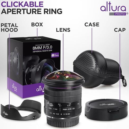 Altura Photo 8mm f/3.0 Professional Wide Angle Lens Aspherical Fisheye for Canon EOS 90D 80D 77D Rebel T8i T7 T7i T6i T6s T6 T100 SL2 SL3 DSLR Cameras with EF Mount in Kuwait