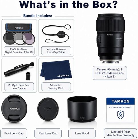 Tamron 90mm f/2.8 Di III VXD Macro Lens for Nikon Z, Full-Frame, Bundle with 67mm UV/CPL/ND2 Filter Kit, Lens Case, Lens Pen, Cap Tether, Cleaning Cloth & 6-Year Warranty in Kuwait