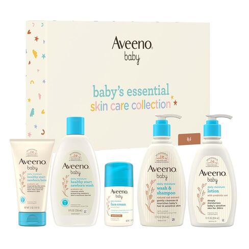 Aveeno Baby Essential Skincare Gift Set, 5-Piece Collection with Wash and Shampoo, Daily Moisture Body Lotion, Face Moisturizer & Newborn Wash and Baby Balm, Gentle Daily Care for Sensitive Skin | Sensitive Skin in Kuwait