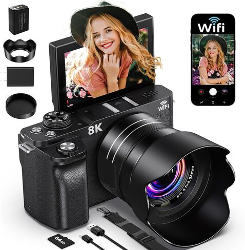 8K Digital Camera, 88MP Cameras for Photography, WiFi Vlogging Camera for YouTube with 3" 180° Flip Screen, 18X Zoom UHD Autofocus Video Camara with Lens Hood, 64GB Card in Kuwait
