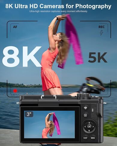 8K Digital Camera, 88MP Cameras for Photography, WiFi Vlogging Camera for YouTube with 3" 180° Flip Screen, 18X Zoom UHD Autofocus Video Camara with Lens Hood, 64GB Card in Kuwait