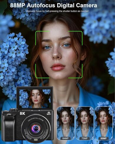 8K Digital Camera, 88MP Cameras for Photography, WiFi Vlogging Camera for YouTube with 3" 180° Flip Screen, 18X Zoom UHD Autofocus Video Camara with Lens Hood, 64GB Card in Kuwait