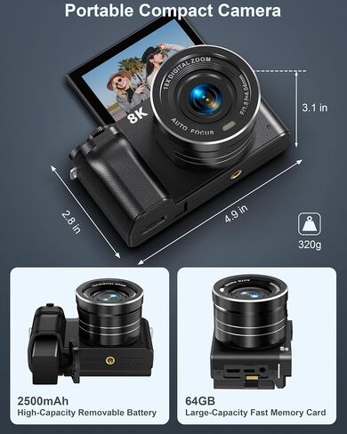 8K Digital Camera, 88MP Cameras for Photography, WiFi Vlogging Camera for YouTube with 3" 180° Flip Screen, 18X Zoom UHD Autofocus Video Camara with Lens Hood, 64GB Card in Kuwait