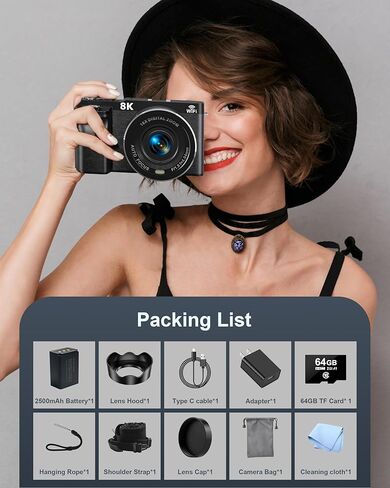 8K Digital Camera, 88MP Cameras for Photography, WiFi Vlogging Camera for YouTube with 3" 180° Flip Screen, 18X Zoom UHD Autofocus Video Camara with Lens Hood, 64GB Card in Kuwait