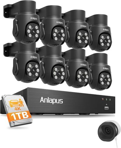 Anlapus 4K 8CH Wired Security Camera System Outdoor, 8 x 8MP IP66 Pan Tilt CCTV Cameras and 3K Magnetic Window Cam, Night Vision, AI Human Vehicle Detect, 360° Coverage, Audio Recording, 8CH 1TB HDD in Kuwait