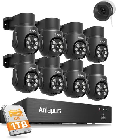 Anlapus 4K 8CH Wired Security Camera System Outdoor, 8 x 8MP IP66 Pan Tilt CCTV Cameras and 2K Magnetic Window Cam, Night Vision, AI Human Vehicle Detect, 360° Coverage, Audio Recording, 8CH 1TB HDD in Kuwait