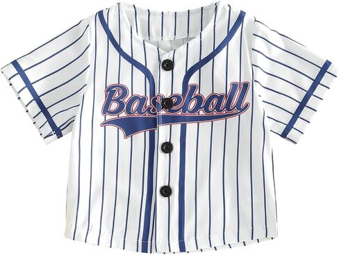 Toddler Baby Boy Baseball Shirt Outfit Baseball Tee Shirts Stripe Short Sleeve Button Jersey Top Kids Summer Clothes in Kuwait