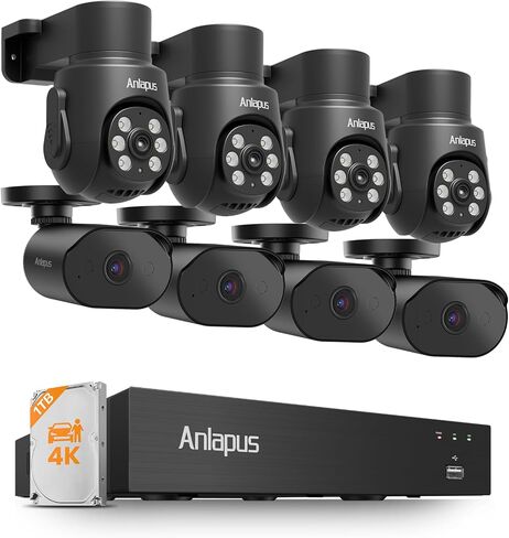 Anlapus 4K Home Security Camera System Outdoor Indoor, 4 x Weatherproof CCTV Surveillance Camera and 4 x Pan/Tilt Cam, AI Human Vehicle Detection, 80ft Night Vision, Audio Recording, Remote Access in Kuwait