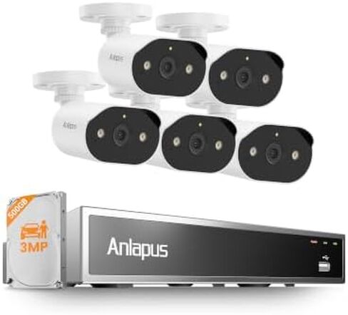 Anlapus 8CH 5MP PoE Security Camera System, 5 Pack 3MP PoE IP Camera for Home Security Outdoor, Color Night Vision, Person/Vehicle Detection, Spotlight, 8 Channel NVR with 500GB HDD for 24/7 Recording in Kuwait