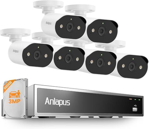 Anlapus 8CH 5MP PoE Security Camera System, 6 Pack 3MP PoE IP Camera for Home Security Outdoor, Color Night Vision, Person/Vehicle Detection, Spotlight, 8 Channel NVR with 500GB HDD for 24/7 Recording in Kuwait