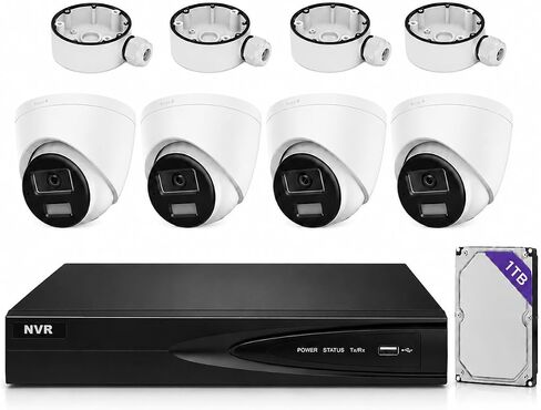 NVR608-Q1/8P 4K 8CH PoE Security Camera Kit, 4pcs DS-383F-SL 8MP Dual-Light Turret Cameras Outdoor with Human/Vehicle Detection, 1TB HDD Included,4 Cable Storage Junction Boxes & Guarding Vision App in Kuwait
