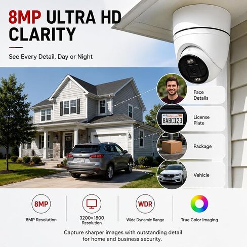 NVR608-Q1/8P 4K 8CH PoE Security Camera Kit, 4pcs DS-383F-SL 8MP Dual-Light Turret Cameras Outdoor with Human/Vehicle Detection, 1TB HDD Included,4 Cable Storage Junction Boxes & Guarding Vision App in Kuwait