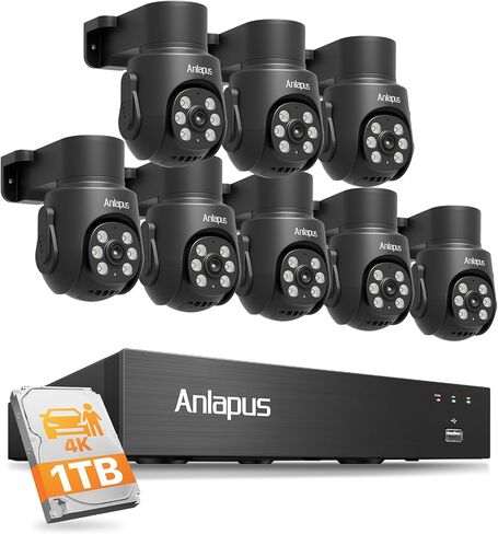 Anlapus 4K 8MP Surveillance Security Camera System Outdoor Indoor, 8CH H.265+ CCTV DVR with 1TB HDD and 8 x 4K Pan Tilt Camera for Home Security, AI Human Vehicle Detect, Night Vision, Audio Recording in Kuwait