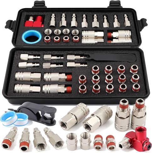 1/4" NPT Air Coupler and Plug Kit, 54-Piece Quick Connect Air Hose Fittings Set for Air Compressor, Pneumatic Tools, M/D Type with 360° Swivel, Teflon Tape & Cutter in Saudi Arabia