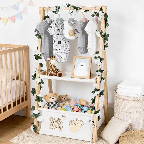 Wooden Baby Shower Crate Closet, Double-Layered Baby Basket with Hangers, Foldable Nursery Storage Crate for Baby Shower, Newborn Clothing Display Rack & Gift Organizer in Kuwait