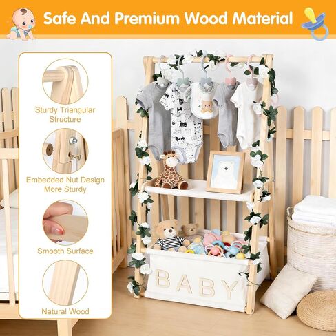 Wooden Baby Shower Crate Closet, Double-Layered Baby Basket with Hangers, Foldable Nursery Storage Crate for Baby Shower, Newborn Clothing Display Rack & Gift Organizer in Kuwait