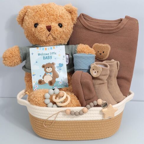 Baby Boy Gift Basket | Baby Boy Gifts for Baby Shower | 9PCS Newborn Essential with Teddy Bear Outfit, Plush Bear, Soothing Bracelet, Pacifier Clip | Welcome Baby Gift Box Gender Reveal Set in Kuwait