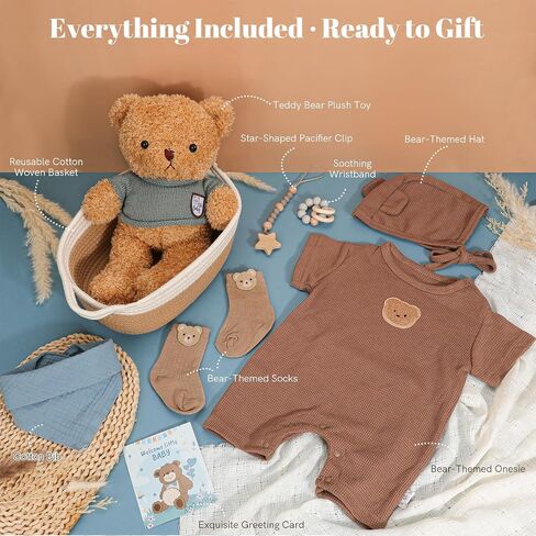 Baby Boy Gift Basket | Baby Boy Gifts for Baby Shower | 9PCS Newborn Essential with Teddy Bear Outfit, Plush Bear, Soothing Bracelet, Pacifier Clip | Welcome Baby Gift Box Gender Reveal Set in Kuwait