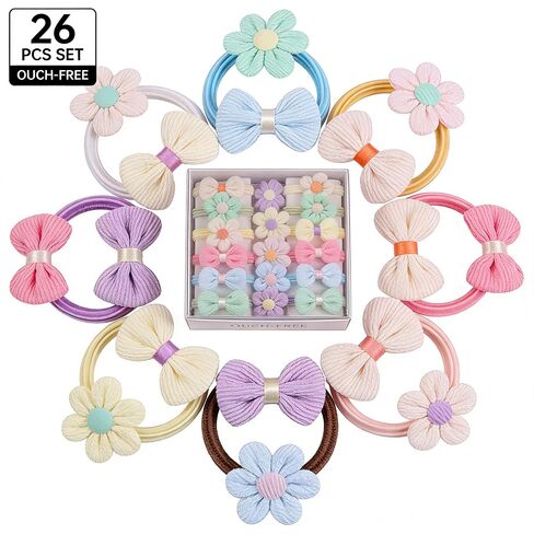 26 Pcs French Toddler Hair Ties for Girls – Cute Flower Seamless Ponytail Holders & Elastic Scrunchies – Ouch-Free Hair Accessories for Baby & Little Girls with Thick Hair (Pink, Purple, Blue mix) in Kuwait