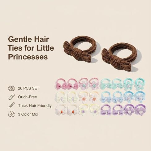26 Pcs French Toddler Hair Ties for Girls – Cute Flower Seamless Ponytail Holders & Elastic Scrunchies – Ouch-Free Hair Accessories for Baby & Little Girls with Thick Hair (Pink, Purple, Blue mix) in Kuwait