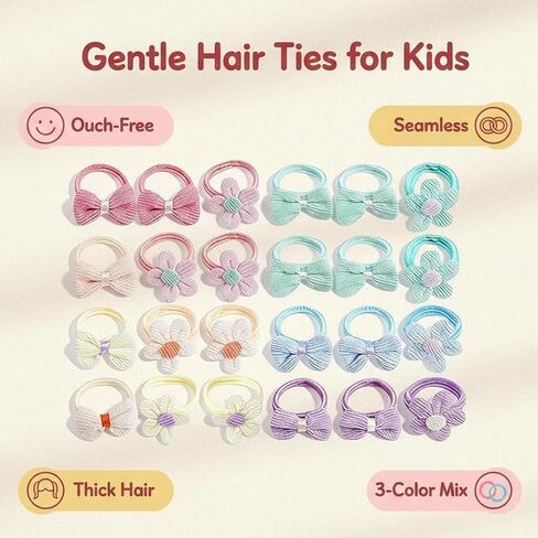 26 Pcs French Toddler Hair Ties for Girls – Cute Flower Seamless Ponytail Holders & Elastic Scrunchies – Ouch-Free Hair Accessories for Baby & Little Girls with Thick Hair (Pink, Purple, Blue mix) in Kuwait