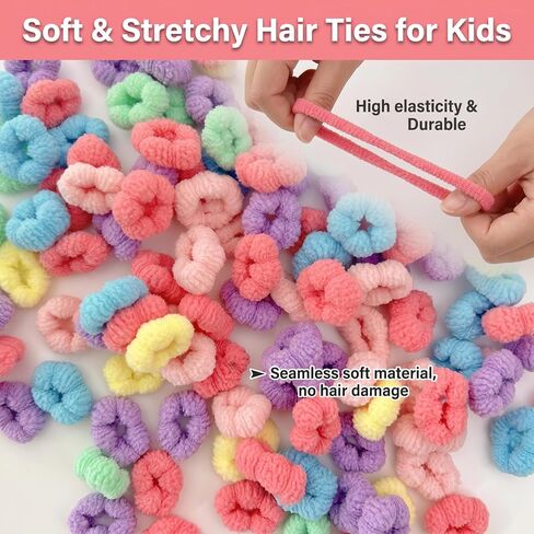 Baby Hair Ties, 100Pcs Soft Kids Elastic Rubber Bands Seamless Cotton Toddler Girl Accessories Small No Pull Pigtail Elastics For Little Girls Infants Toddlers Thin Hair Ponytail Braids in Kuwait