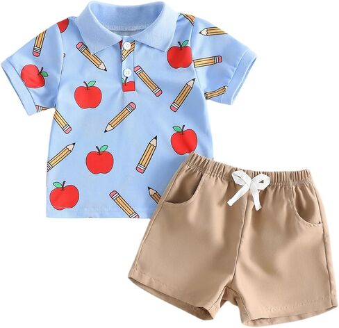 Bagilaanoe Toddler Baby Boy Back To School Outfit Pre K Clothes First Day of School Short Sleeve Polo Shirt and Shorts Set in Kuwait