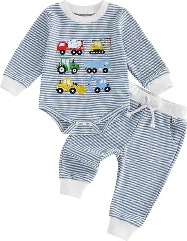 Baby Boy fall Clothes 3 6 12 18 Months Winter Outfit Waffle Truck Embroidery Long Sleeve Romper and Pants Sets in Kuwait