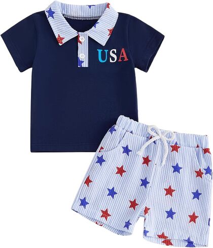 MoZiKQin 4th of July Baby Boy Outfits American Flag T-shirt Top and Retro Shorts Toddler Boy Independence Day Outfit in Kuwait