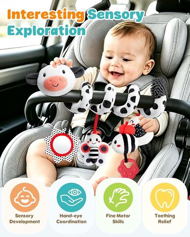 Spiral Car Seat Baby Toys 0-6 Months, Infant Hanging Carseat Stroller Toys | High Contrast Newborn Toys, Easy to Install, Soft Plush, Baby Sensory Toys, Baby Travel Toys, Shower Gifts in Kuwait