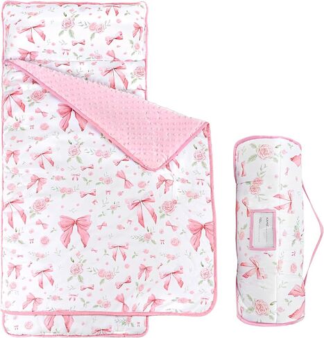 Toddler Nap Mat with Pillow and Plush Blanket, Kids Sleeping Bags for Preschool Daycare, Slumber Bags for Girls Boys Ages 3-7 Years, 55'' x 23'', Pink Rose in Kuwait