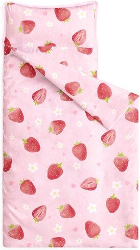 Wake In Cloud - Toddler Nap Mat with Pillow and Blanket, for Kids Girls Ages 3 Plus in Kindergarten Daycare Preschool, Roll Up Sleeping Bag, Cute Strawberry Flowers Hearts in Kuwait
