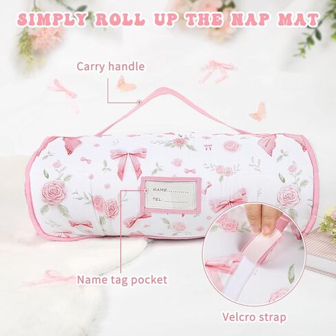 Toddler Nap Mat with Pillow and Plush Blanket, Kids Sleeping Bags for Preschool Daycare, Slumber Bags for Girls Boys Ages 3-7 Years, 55'' x 23'', Pink Rose in Kuwait